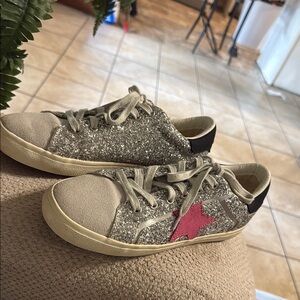 Silver and Pink Glitter Sneakers with Heart Detail